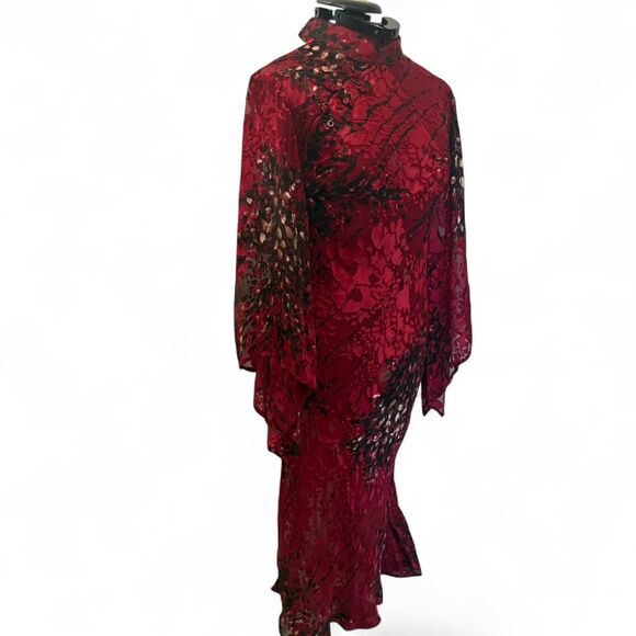 Simply Silk Red Floral Burnout Kimono Midi Dress Size S Sheer Y2K Fairy Grunge - Picture 2 of 8